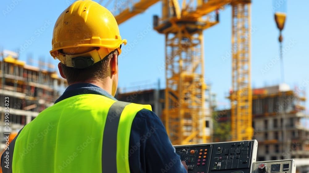 Poster a crane operator in a neon yellow vest and hard hat, working the crane鈥檚 control panel with a partia