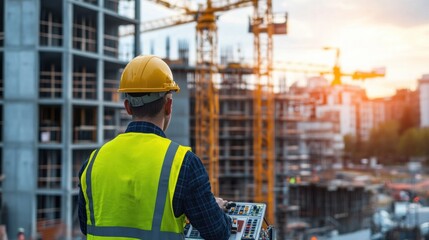 A crane operator in a neon yellow vest and helmet, controlling the crane鈥檚 arm with visible lifting equipment and construction site activities in the background, Construction site scene