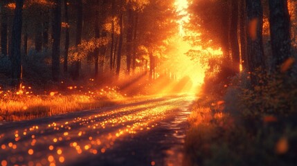 Obraz premium Sunlit Path Through a Golden Forest at Sunset