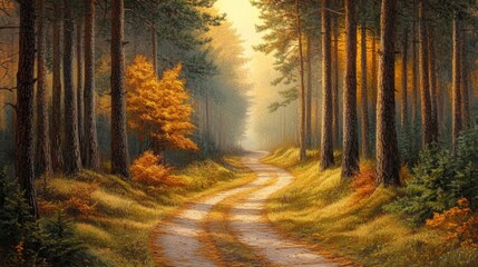 Obraz premium A Winding Path Through a Golden Autumn Forest