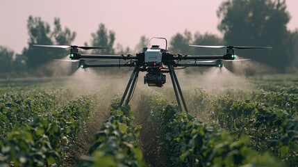 A wide-angle shot of autonomous drones spraying crops with precision, reducing chemical use and maximizing efficiency