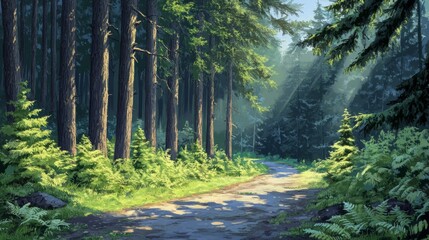 Obraz premium A Sunlit Path Through a Dense Forest