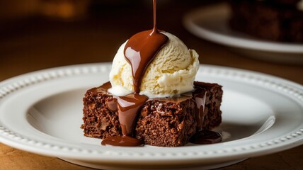 Chocolate Cake or Brownie with Vanilla Ice Cream and Drizzled Chocolate Sauce