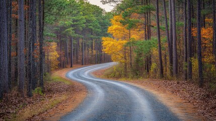 Fototapeta premium Winding Gravel Road Through Autumnal Forest
