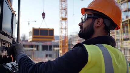 A crane operator in a reflective vest and helmet, adjusting the crane鈥檚 boom with a construction site and suspended load visible in the background, Construction site scene