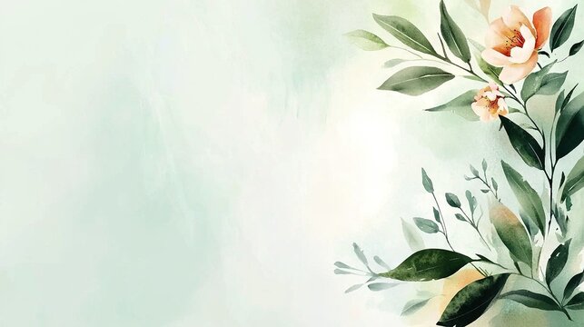   A painting featuring flowers and leaves against a light green backdrop, with space for text or a name in the lower-right corner