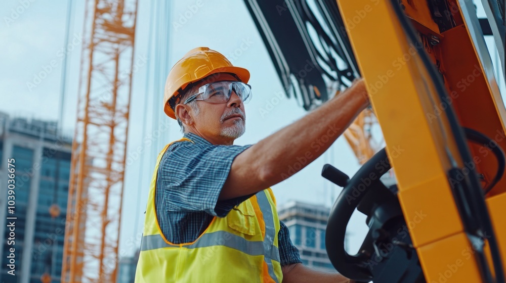 Poster a crane operator in a reflective vest and helmet, adjusting the crane鈥檚 load with a construction sit