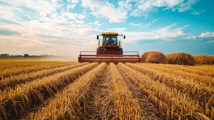 Fototapeta premium A wide-angle view of a mechanized rice harvester working through a large field, with piles of rice straw in the background