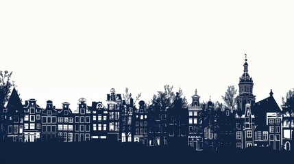 Obraz premium Silhouette of Amsterdam city skyline with historic buildings and trees against clear sky, black and white illustration