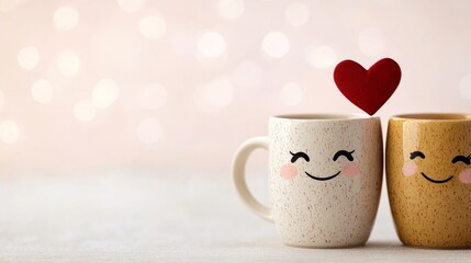 Two coffee mugs with smiling faces. A small red heart hangs between them, creating a feeling of warmth and connection.