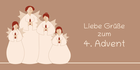 Liebe Grüße zum 4. Advent - Schriftzug in deutscher Sprache. Grußkarte mit vier niedlichen Engeln mit Kerzen.