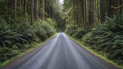 Obraz premium A Winding Gravel Road Through a Dense, Moss-Covered Forest