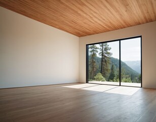 Fototapeta premium The sentence is: A modern, empty office with large glass windows offering a view of a garden, featuring wooden floors and minimalist design