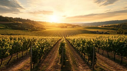 A wide-angle view of a vineyard plantation with grapevines stretching out in neat rows, basking in the golden light of sunset