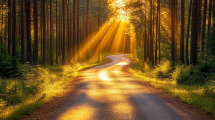 Fototapeta premium Sunbeams Illuminating a Winding Path Through a Forest