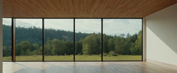 Naklejka premium The sentence is: A modern, empty office with large glass windows offering a view of a garden, featuring wooden floors and minimalist design