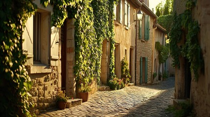 Obraz premium A cobblestone street featuring a row of homes with ivy climbing the building facades on either side