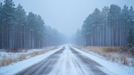 Obraz premium Snowy Road Winding Through a Foggy Pine Forest