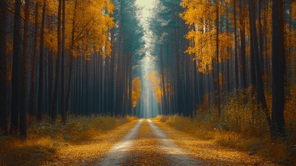Fototapeta premium A Path Through Autumnal Forest with Light Streaming Through the Trees