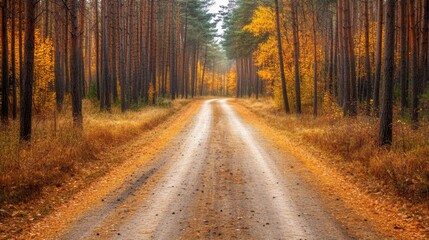 Obraz premium A dirt road winding through a forest with golden leaves on the trees and ground