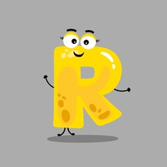 Cartoon alphabet font R ,cute funny character for kids , R vector image. Happy smiling alphabet with face .