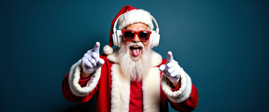 A lively Santa Claus with a white beard, wearing sunglasses and headphones, exudes festive cheer. Perfect for modern, fun Christmas themes and holiday marketing.

