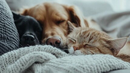   A photo of a dog and a cat snuggled under a blanket on a bed
