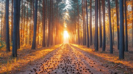Obraz premium Sunbeams illuminating a path through a forest of pine trees