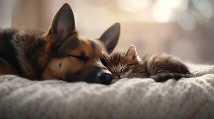    a dog and cat cuddling on a bed with a blurry background