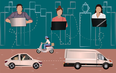 working in call center, delivery, delivery by bike, delivery by car, delivery by truck, package delyvery, drivers are in contact with call center, computer, delivery by moped