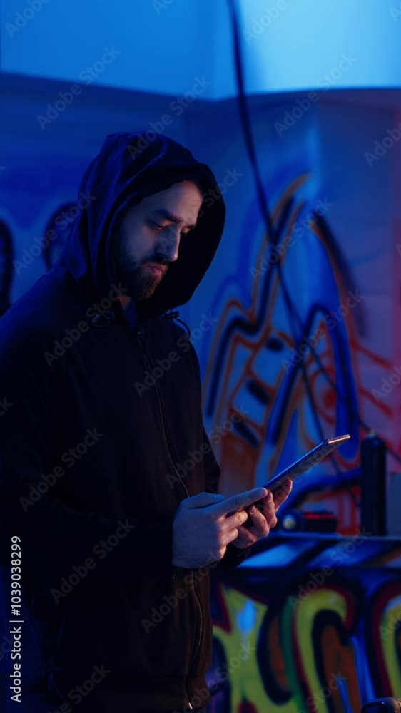 Aufkleber vertical video lone wolf hacker in neon lit secret hideout trying to hide his online activity after 