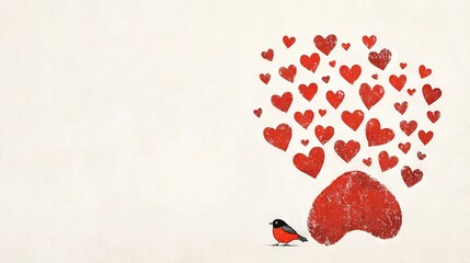   A bird perched amidst a cluster of heart-shaped red hearts against a white backdrop