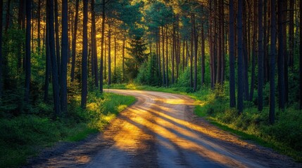Fototapeta premium Sunbeams Illuminating a Winding Forest Path