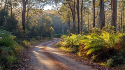 Obraz premium Sunlit Forest Path Winding Through Lush Greenery