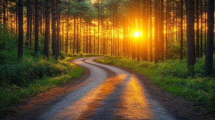 Fototapeta premium Sunset Glowing Through a Winding Forest Path