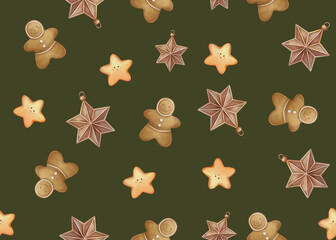 Seamless Watercolor Gingerbread and Cookie Christmas Pattern: Delightful Gingerbread Men, Festive Cookies, Perfect for Holiday Wrapping, Cards, Textiles, and Cozy Home Decor - A Sweet Seasonal Touc