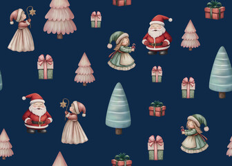 Watercolor Christmas seamless pattern: Santa Claus, Angels, Elves, Ornaments, Christmas Trees, Stars, Garlands, Gifts, Wrapping Ribbons, Bows, Bells, Candy Canes - Perfect for Cards, Decor, Packaging