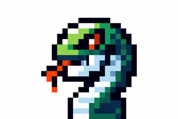 A pixel art snake with a green head and red tongue set against a white background in a retro video game style