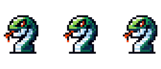 Fototapeta premium A pixel art snake with a green head and red tongue set against a white background in a retro video game style