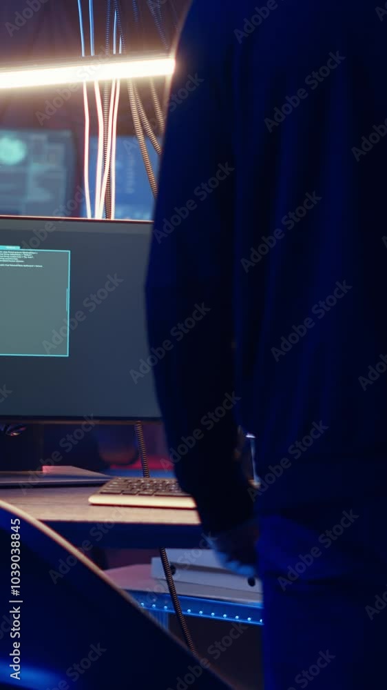 Poster vertical video hacker arriving in underground base, ready to do computer sabotage using encryption t