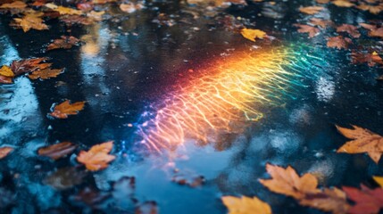 Obraz premium Autumn Leaves Reflecting a Rainbow in a Puddle