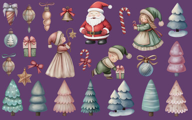 set of christmas objects and toys. Watercolor clip art christmas set. Santa Claus, angels, elves,christmas trees, stars, garlands, gifts, ribbons, bows, bells, candy canes 