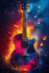 A guitar with a colorful flame on it