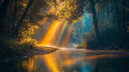 Golden Light Filtering Through Forest Canopy Over a River