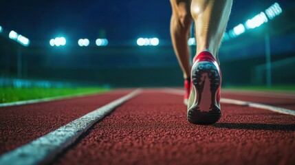 Fototapeta premium A track and field's starting blocks, outdoor setting with track lane, Tranquil style