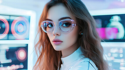 Woman in Glasses Looking at Camera in a Futuristic Setting