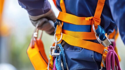 A detailed close-up of a construction foreman inspecting safety harnesses on workers before starting a high-altitude construction task, Safety inspection scene, Occupational safety style