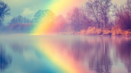 Fototapeta premium Rainbow Reflection on a Misty River in a Forest