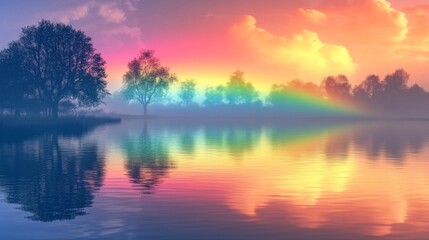 Fototapeta premium Misty Sunrise Over a Lake with a Rainbow Reflected in the Water