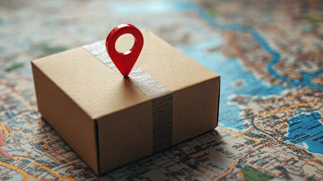 A red location pin sits on top of a cardboard box placed on a map